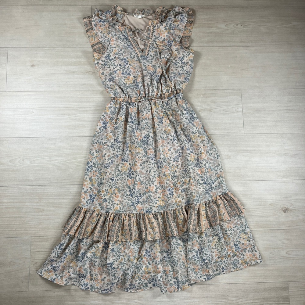 By the River Floral Ruffle Midi Dress Blue Peach Boho Cottagecore SZ Small